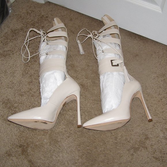 🔥 NEW size 8.5/39 Ganor Dominic Beige Leather Lace up Knee high Pumps - Picture 4 of 16